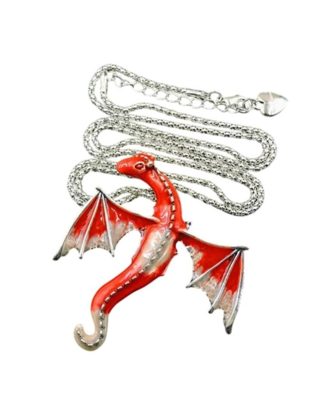 Necklace Red Enamel Dragon Brooch / Pendant Silver Tone